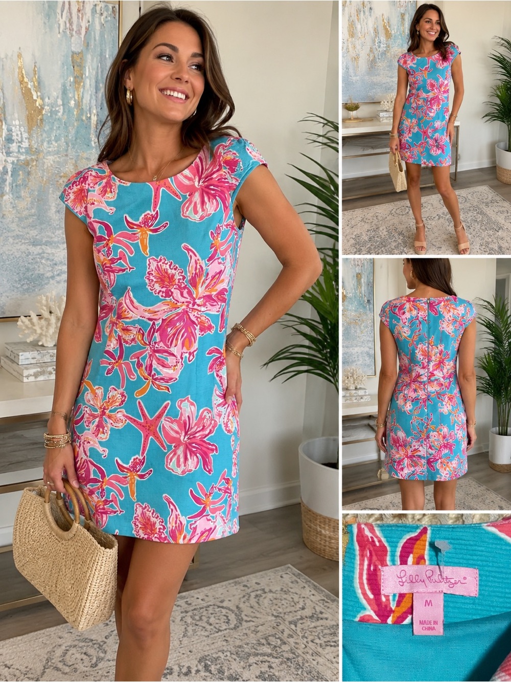 Lilly Pulitzer Turquoise Pink Coral Floral Cap-Sleeve Shift Dress